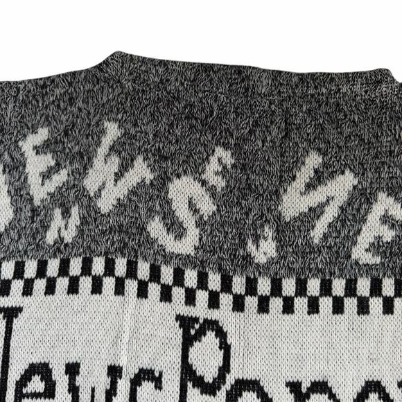 Vintage Adele Newspaper Print Sweater Medium Graphic Black White Retro Knit - Picture 10 of 13